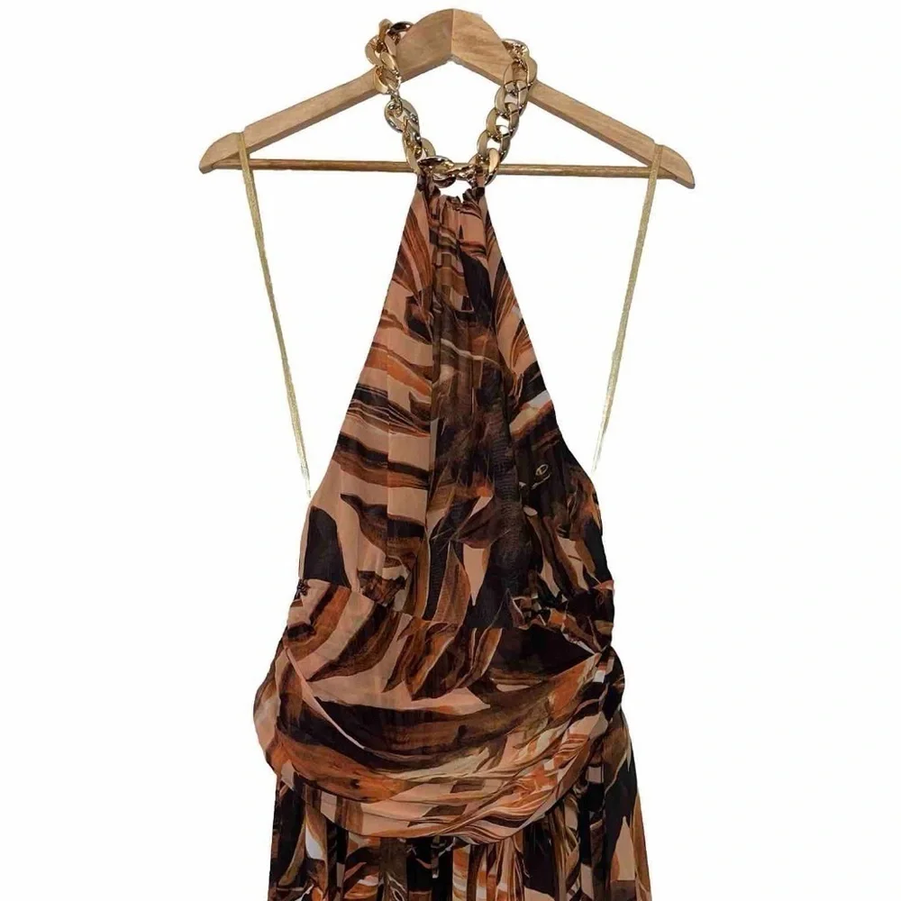 Bronx & Banco Kenya Silk Halter Maxi Dress Brown Animal Print Medium NWT - Picture 5 of 15